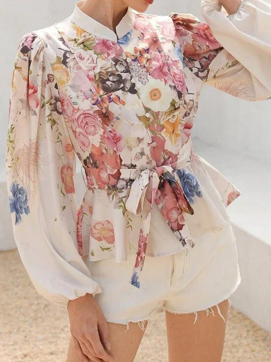 Multicolor Boho Women's Floral Stand-Up Collar Button-Down Long Sleeve Blouse - Picture 5 of 6